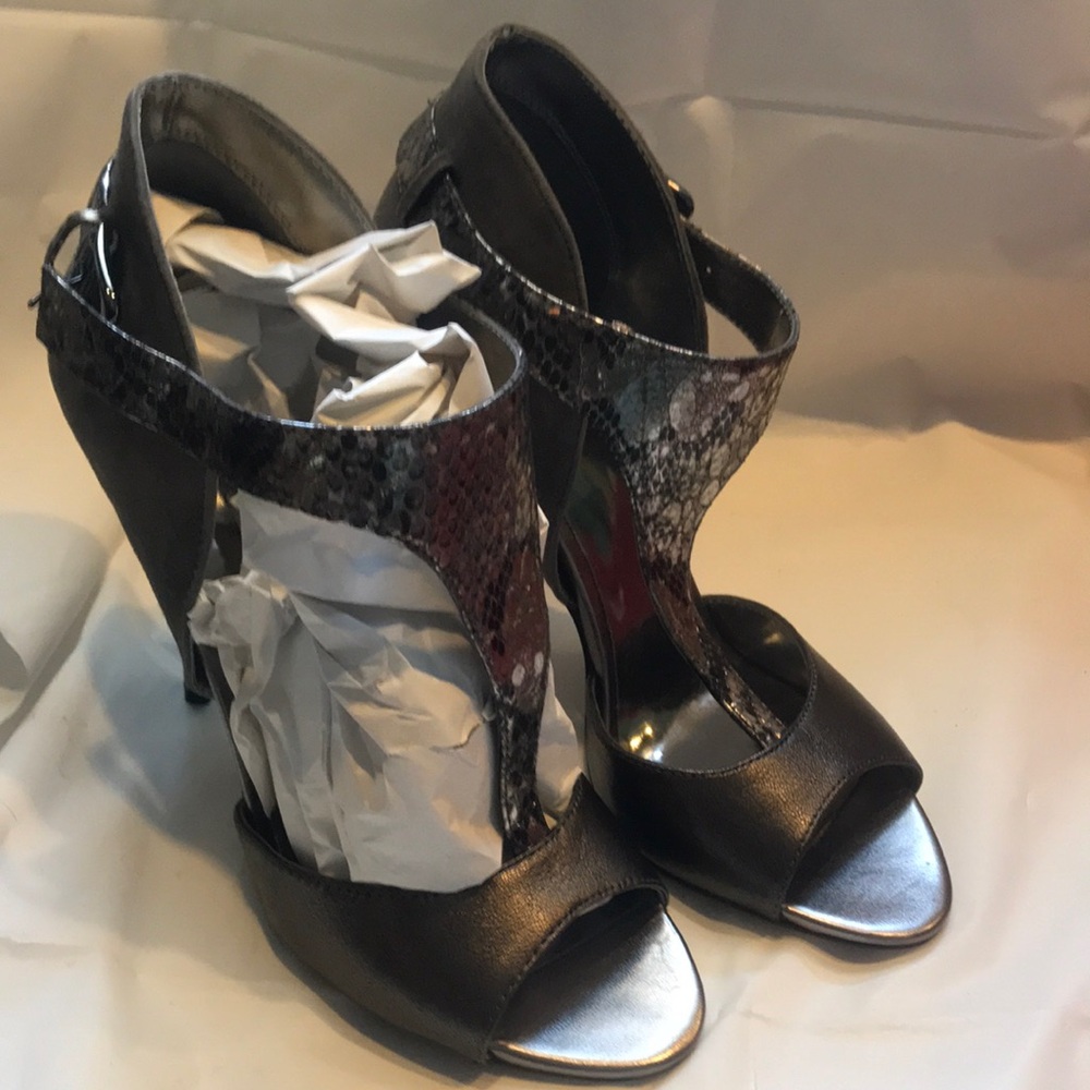 Women's Guess High Heel Peep-Toe t strap Multi texture suede buckle closure